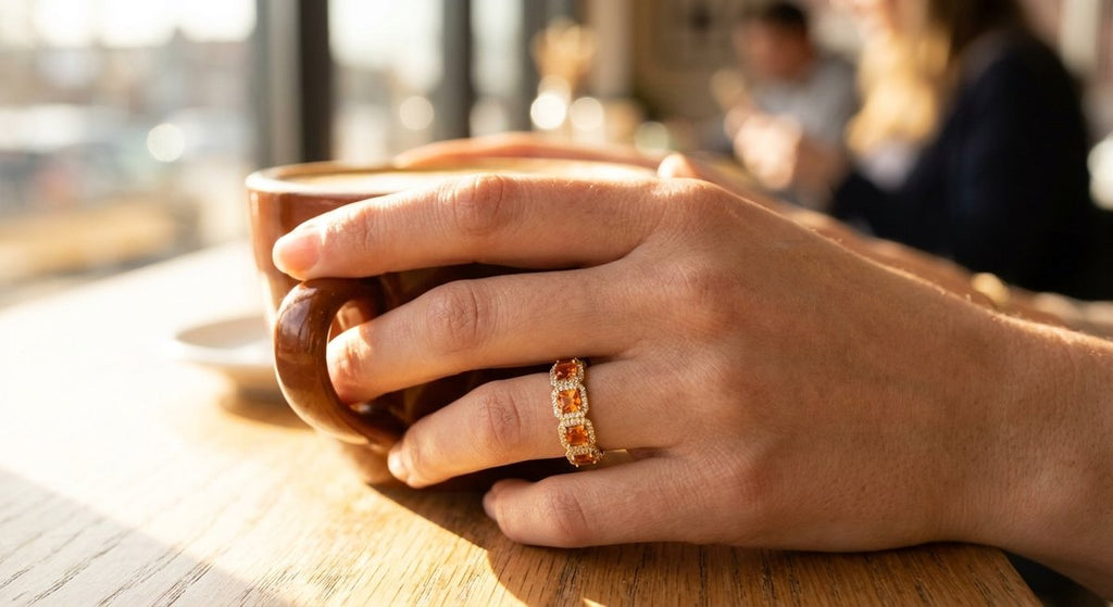 Orange Sapphire and Diamond Ring in 14K Yellow Gold - Lifestyle Model View by Kelly Christie