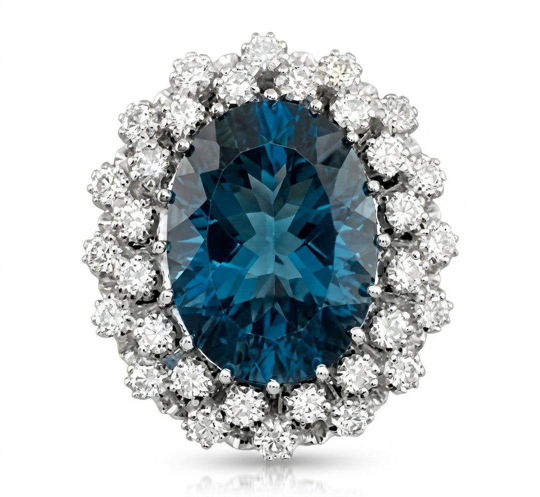 London Blue Topaz and Diamond Ring in 14K White Gold - Front View by Kelly Christie