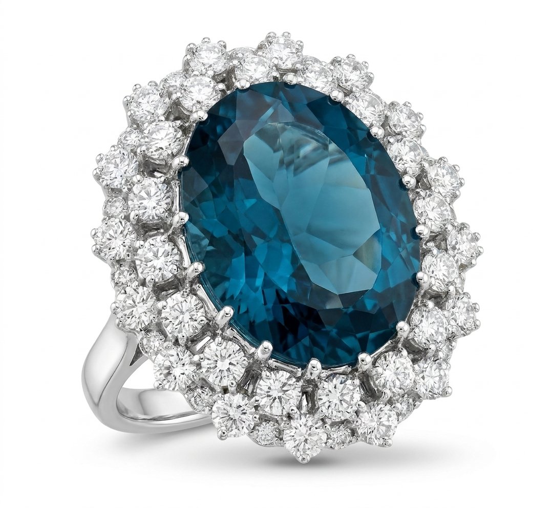 London Blue Topaz and Diamond Ring in 14K White Gold - Three-Quarter View by Kelly Christie