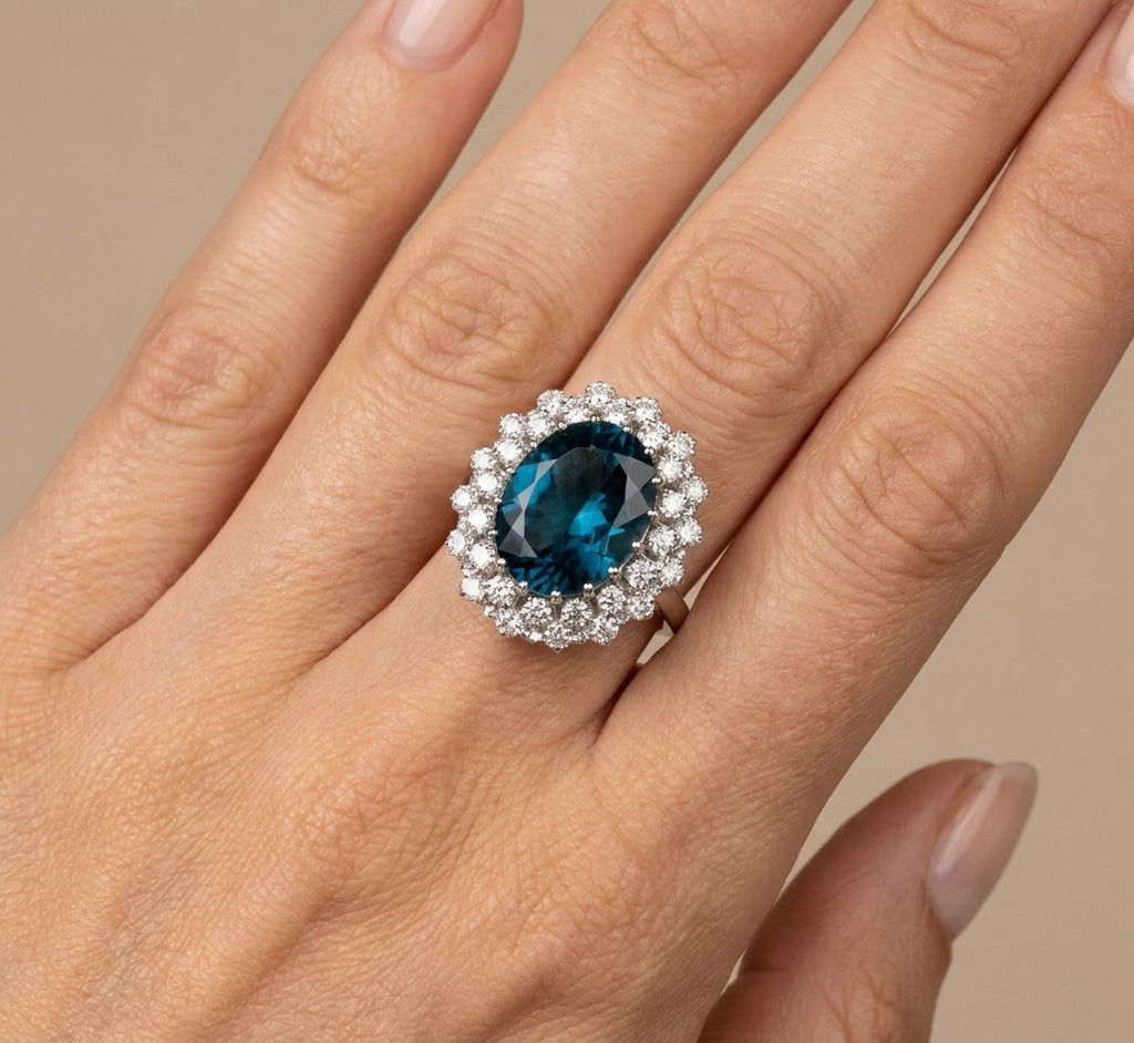 London Blue Topaz and Diamond Ring in 14K White Gold - Studio Model View by Kelly Christie