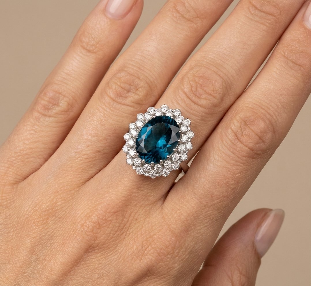 London Blue Topaz and Diamond Ring in 14K White Gold - Studio Model View by Kelly Christie