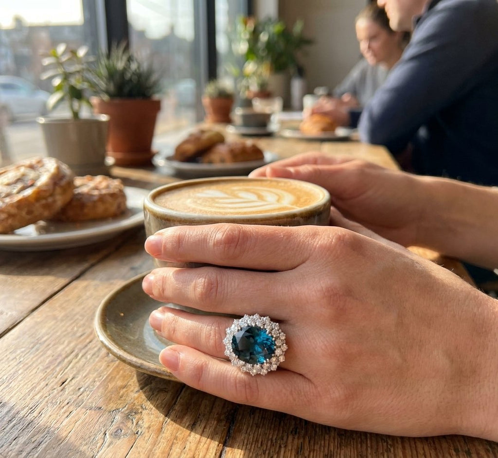 London Blue Topaz and Diamond Ring in 14K White Gold - Lifestyle Model View by Kelly Christie