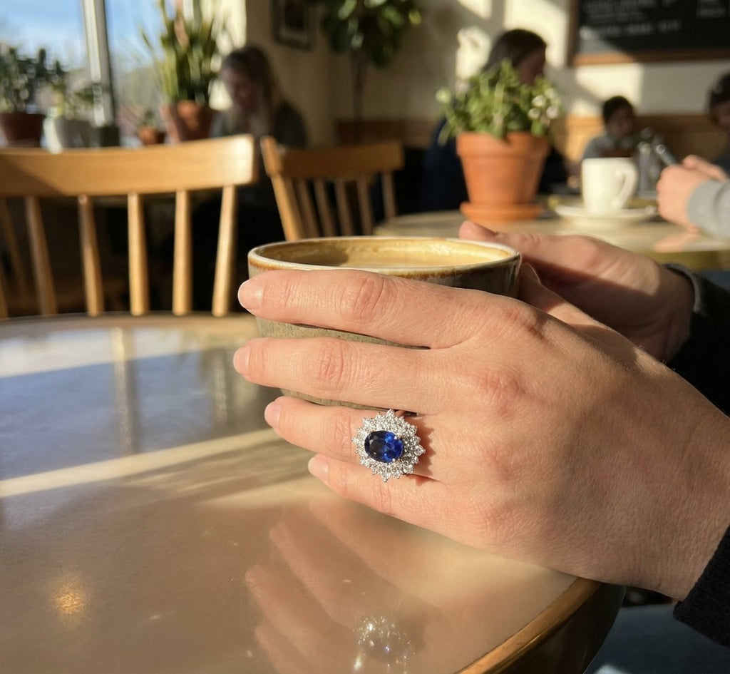 Sapphire and Diamond Ring in 14K White Gold - Lifestyle Model View by Kelly Christie