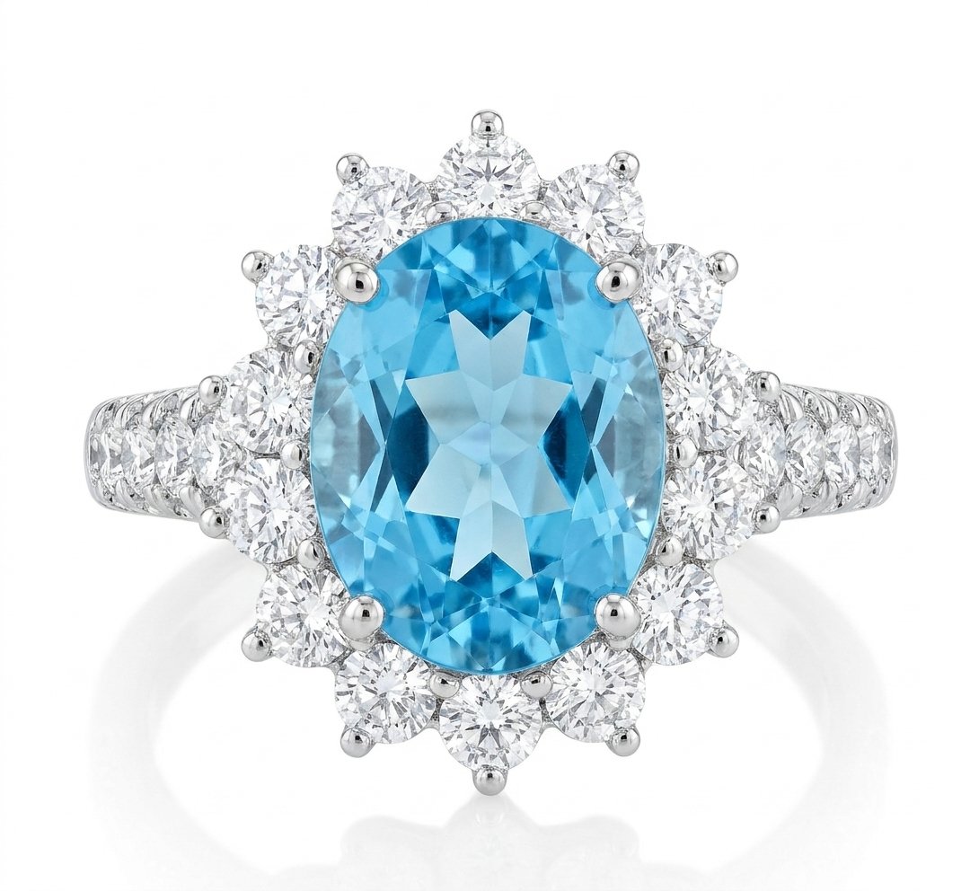 Blue Topaz and Diamond Ring in 14K White Gold - Front View by Kelly Christie