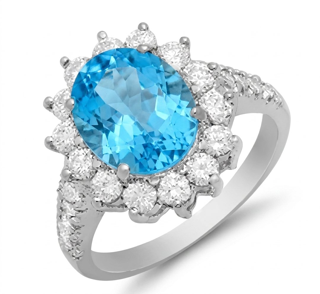 Blue Topaz and Diamond Ring in 14K White Gold - Three-Quarter View by Kelly Christie