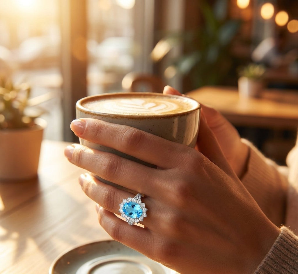 Blue Topaz and Diamond Ring in 14K White Gold - Lifestyle Model View by Kelly Christie