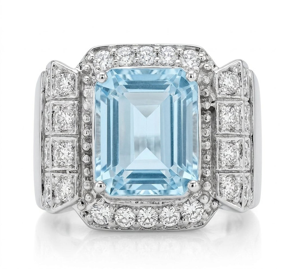 Aquamarine and Diamond Ring in 14K White Gold - Front View by Kelly Christie