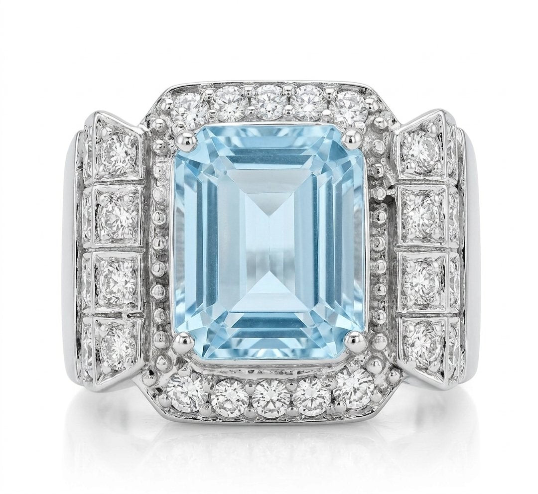 Aquamarine and Diamond Ring in 14K White Gold - Front View by Kelly Christie