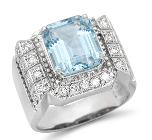 Aquamarine and Diamond Ring in 14K White Gold - Three-Quarter View by Kelly Christie
