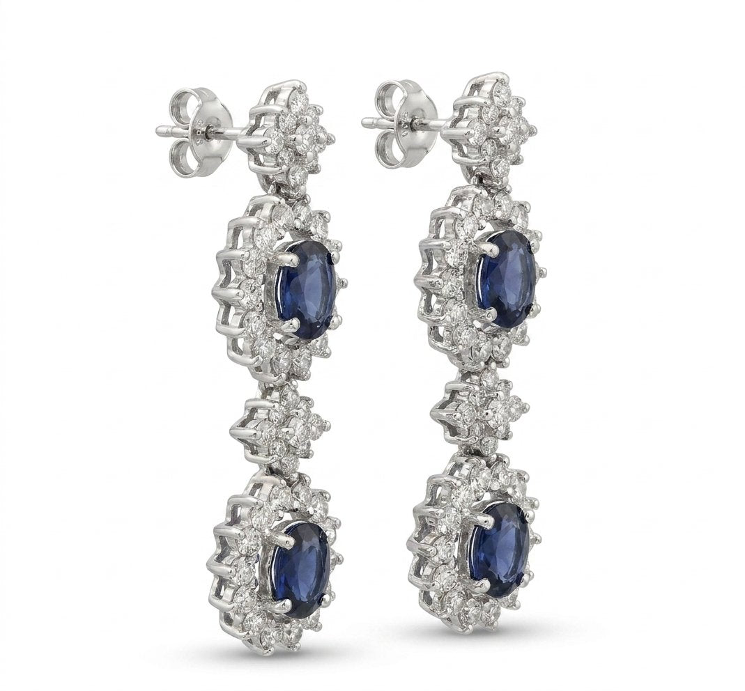 Sapphire and Diamond Earrings in 14K White Gold - Three-Quarter View by Kelly Christie