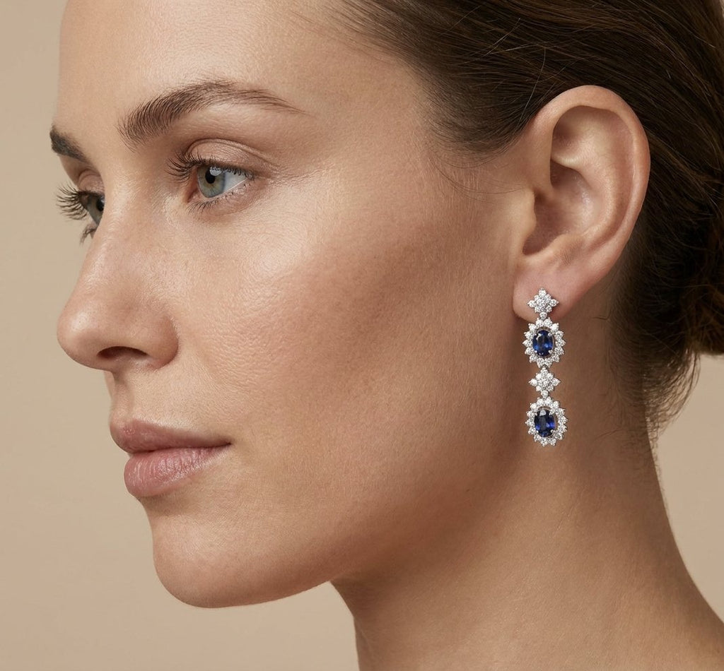 Sapphire and Diamond Earrings in 14K White Gold - Studio Model View by Kelly Christie