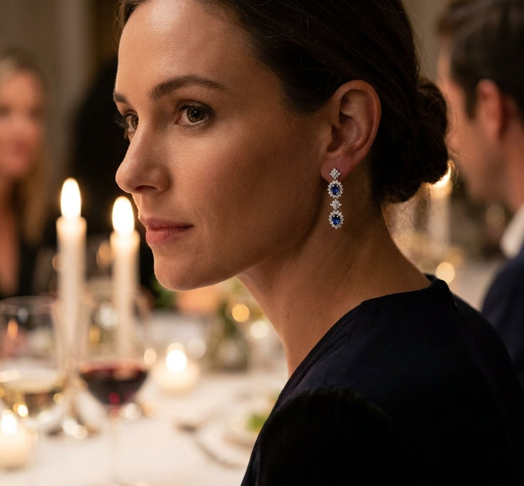 Sapphire and Diamond Earrings in 14K White Gold - Lifestyle Model View by Kelly Christie