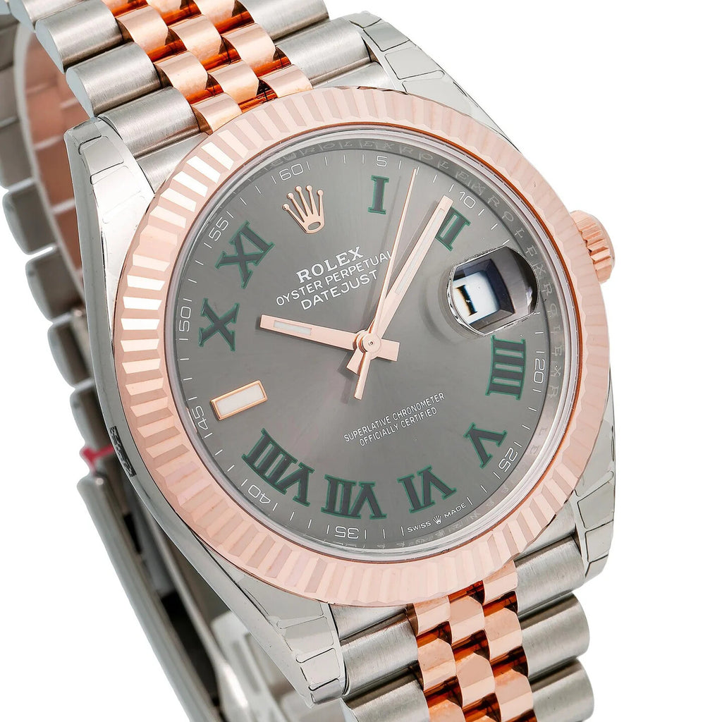Rolex Datejust 41 126331 Rose Gold and Steel Wimbledon Grey Roman Dial - Angle View by Rolex