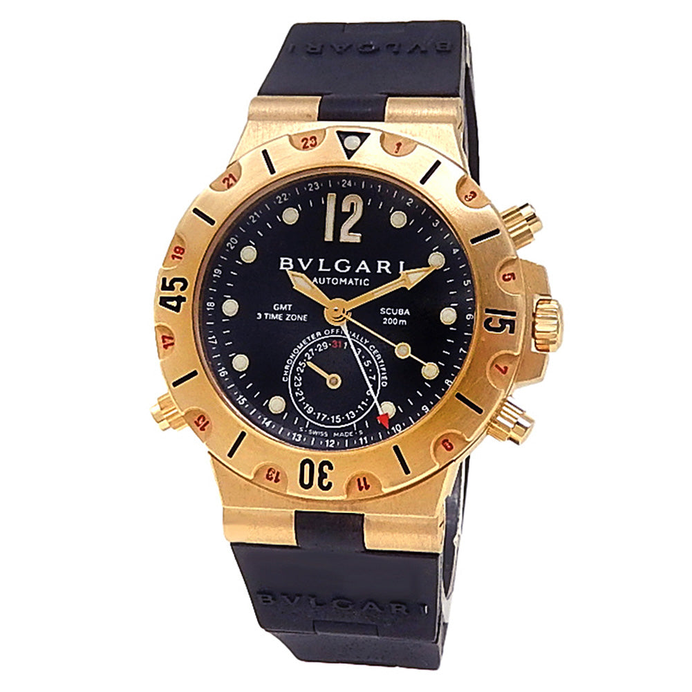 Bvlgari Diagono Scuba SD 38 G GMT 18k Yellow Gold Black Dial - Front View by Bvlgari